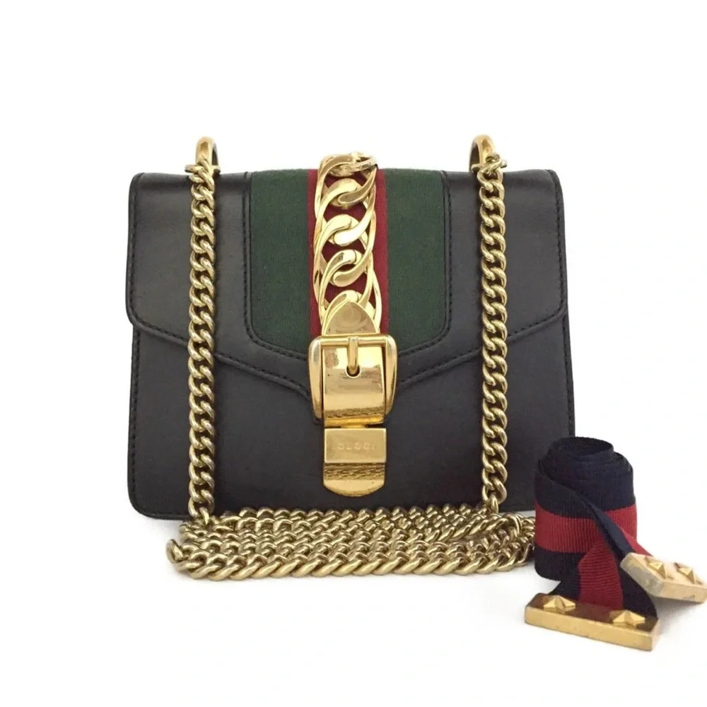 šAuthentic GUCCI Sylvie Mini Sherry Line Leather Chain Shoulder Bag Black - Picture 1 of 11